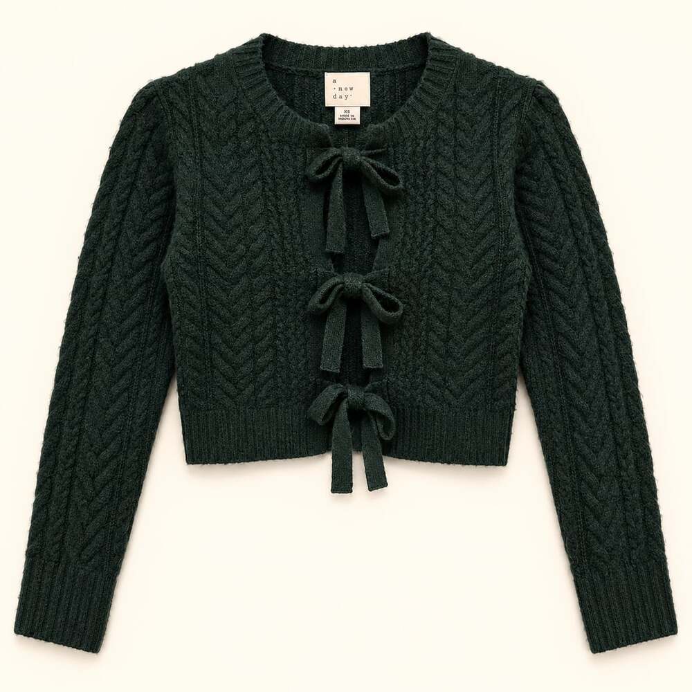 A New Day Dark Green Cable Knit Tie Front Cropped Cardigan XS NWT